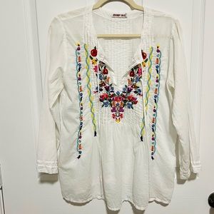 JOHNNY WAS Floral Embroidered White Semi Sheer Blouse Women’s Size Small